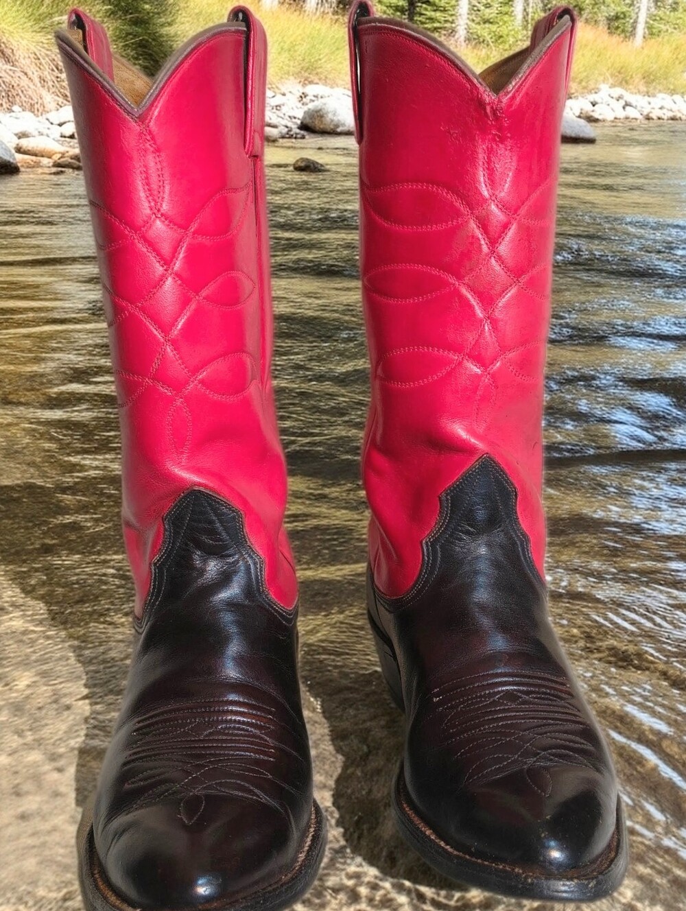 WomensTwo-Tone Western Cowboy Boots Red And Black Leather 9.5 W, Vintage